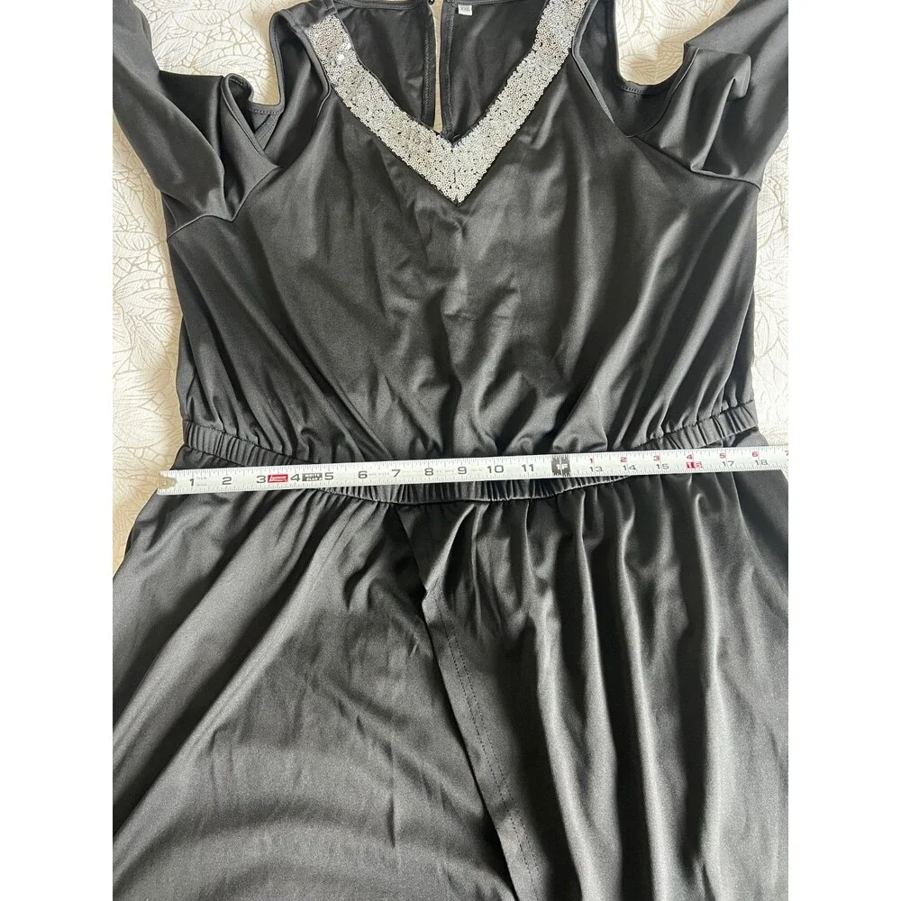 Black Cold Shoulder Bell Sleeve Wide Leg Jumpsuit with Sequin Neckline NEW